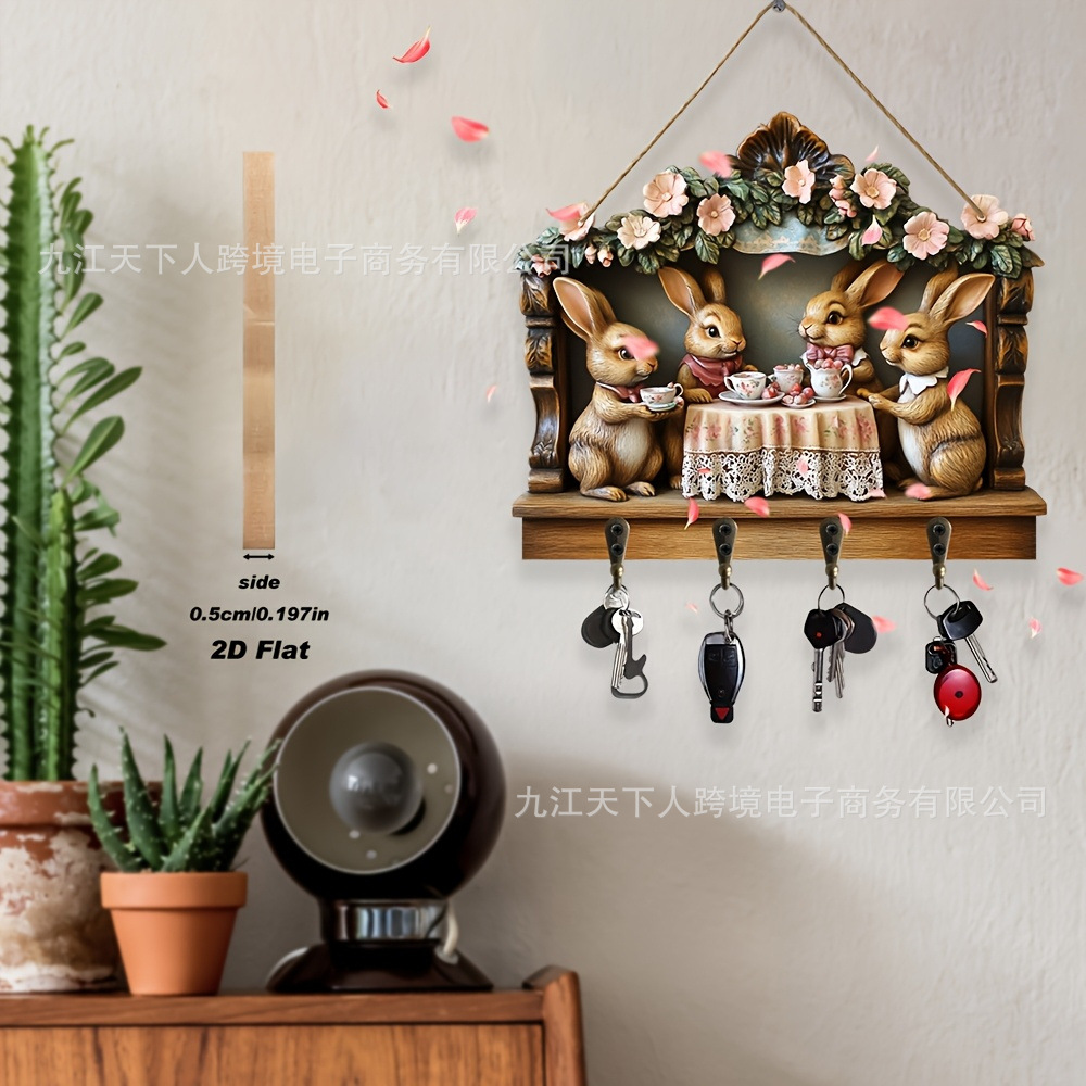 Acrílico 2D plano de madera primavera de Pascua conejo llave gancho decoración de pared retro nostálgica