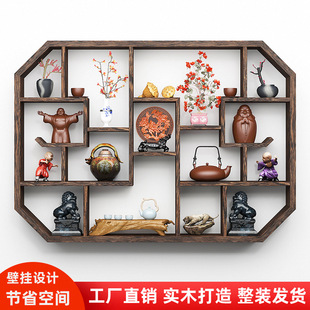 Wholesale Solid Wood New Chinese Style Wall-Mounted Tea Set Display Rack Simple Modern Multi-Treasure Cabinet Antique