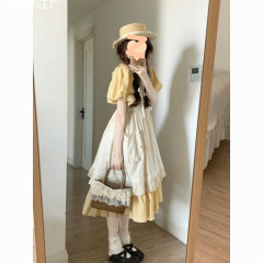 森ガーデンスタイルスクエアカラーチェック柄ドレスレディースかわいいフライングスリーブアプリコットレイヤードスカートツーピーススーツ