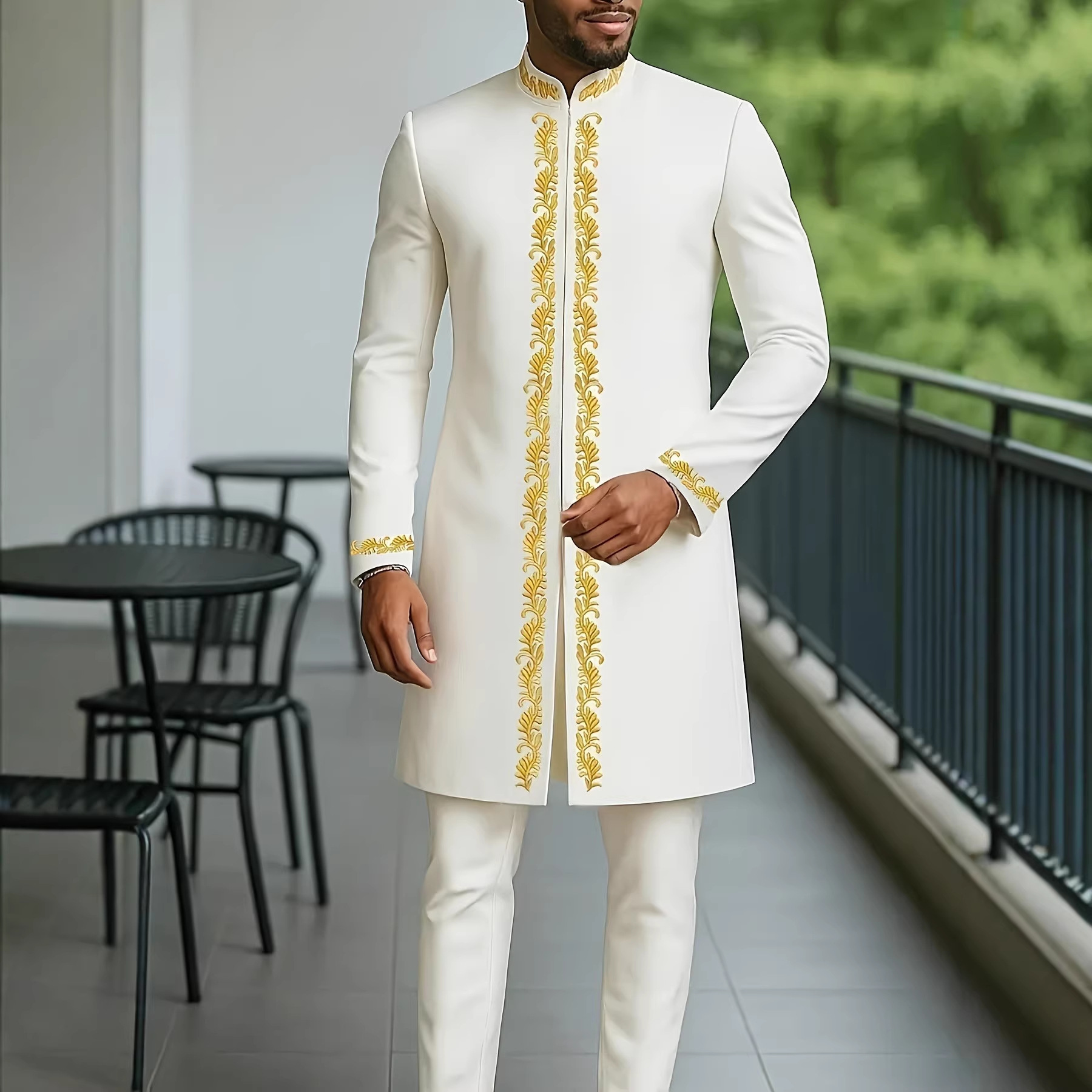Amazon Aliexpress Style Temu Best-Selling Cross-Border White Ethnic African Men's Embroidered Casual Formal Suit Set