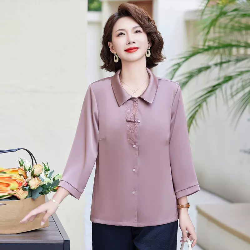 2025年中老年妈妈翻领国风衬衫春夏洋气质上衣女士七分袖小衫衬衣
