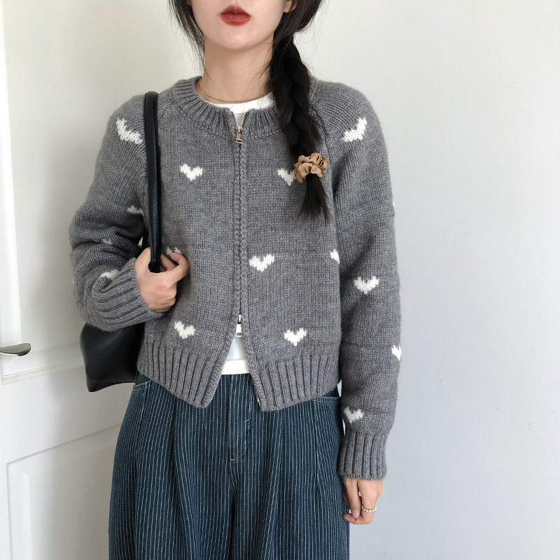 韩系新款爱心提花双拉链学院风时尚圆领毛衣女针织开衫女秋冬外套|undefined