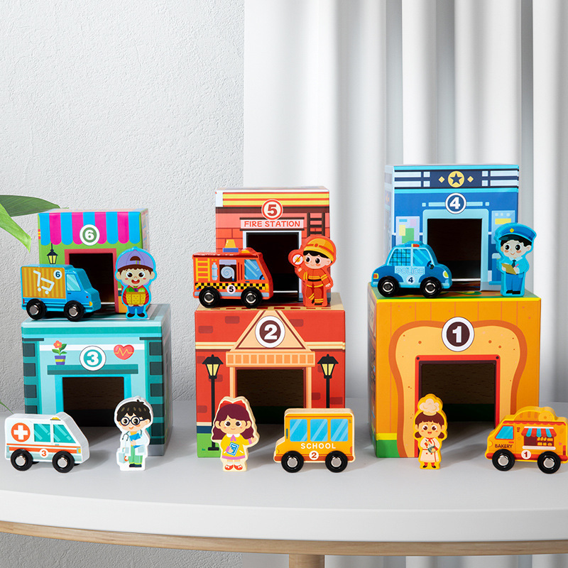 Juguetes de madera para niños, vista de la calle de la ciudad, automóvil seis en uno, bloques de construcción de partículas grandes, pensamiento lógico, caja de cognición de tráfico