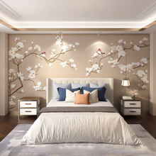 新中式墙布电视背景墙卧室客厅墙纸影视墙衣酒店无缝装饰花鸟壁画
