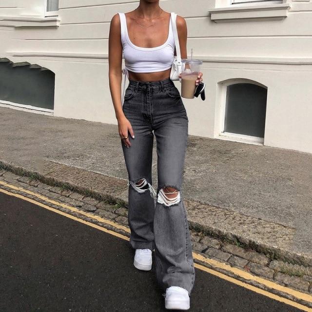 Cross-border Europe and the United States wish independent station high waist retro stretch slim knee hole flared pants