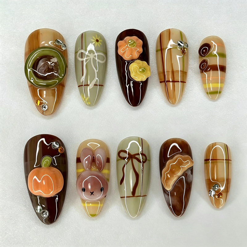 30 pieces of cross-border autumn best-selling 3D embossed, Instagram-style bunny and almond-shaped nail tips with exquisite bow and plaid designs 30 pieces of cross-border autumn best-selling 3D embossed, Instagram-style bunny and almond-shaped nail tips with exquisite bow and plaid designs