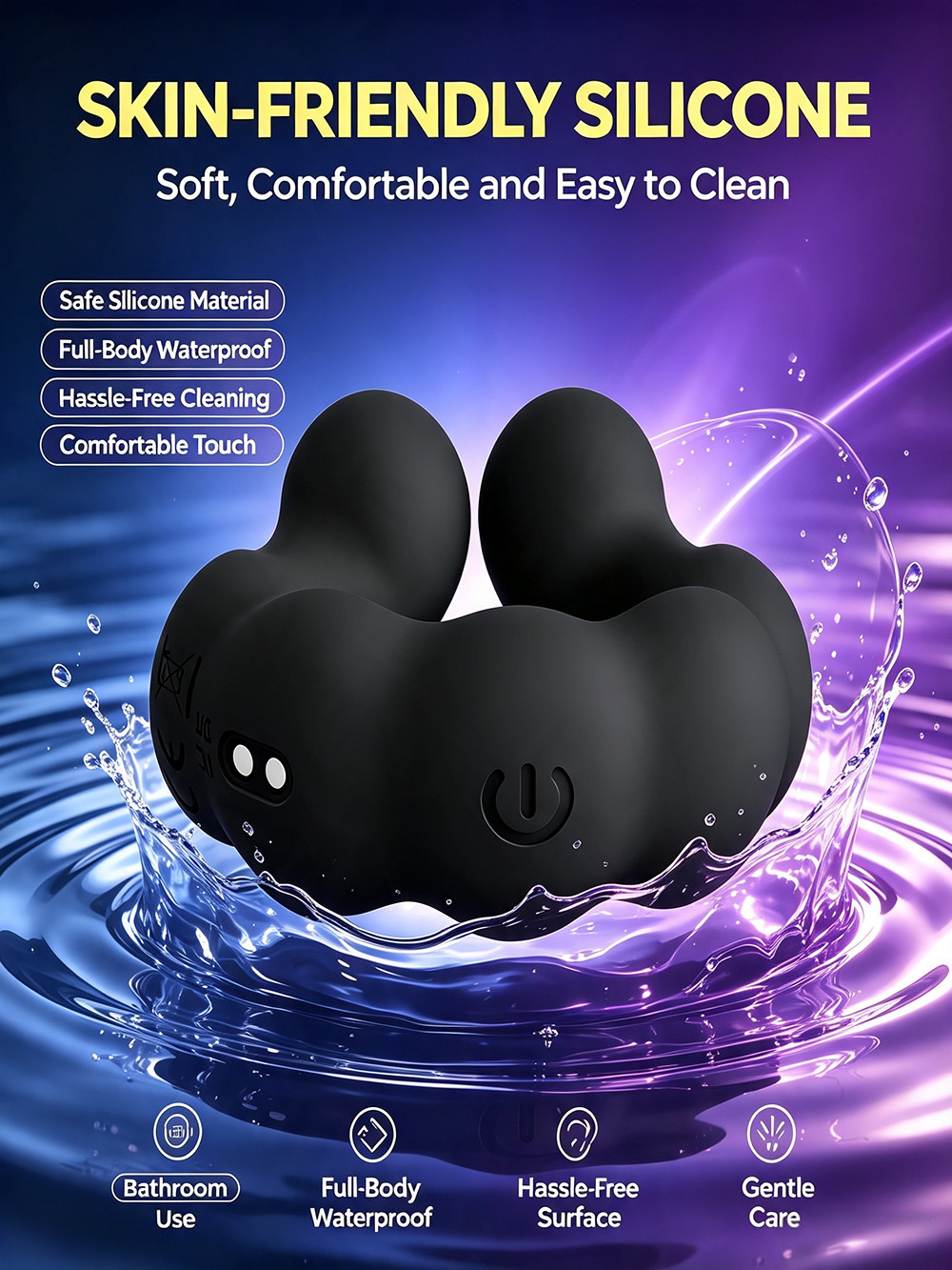 Rechargeable Vibrating Cock Ring, Dual-Use Couples Ring, Liquid Silicone, Black — detail image 5