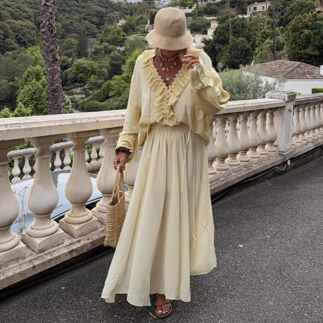 Ruffled Pleated Top And Skirt Elegant Casual Women's Suit - Image 2