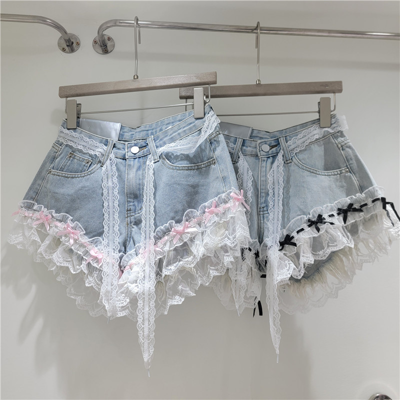 Shorts de Mezclilla con Encaje para Mujer con Lazo Decorativo