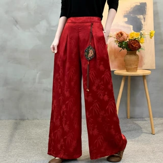 厚人丝缎面阔腿裤女2025款新中式复古刺绣吊坠提花气质宽松休闲裤