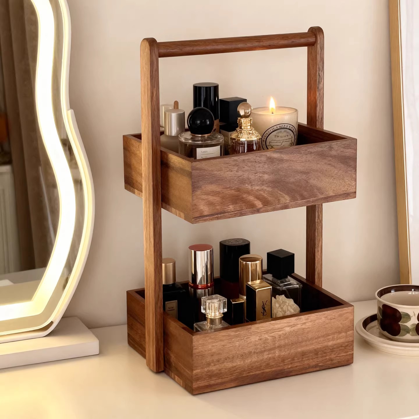 Doble capa de madera sólida estante de cosméticos cajas de almacenamiento de comodidad de alta calidad exquisita mesa de almacenamiento estante de exhibición
