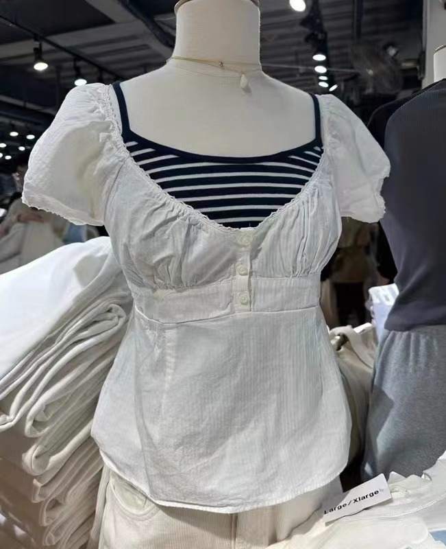 Short sleeve T-shirt, french style, high waist, puff sleeves