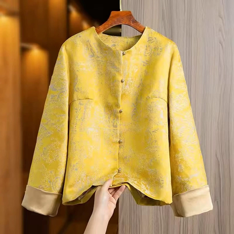 Желтый жаккардовый короткий жаккардовый жаккард для дамы весна 2025 новый круглый вырез свободный китайский костюм ретро национальный стиль новый китайский топ