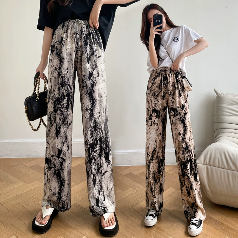 Шифоновые широкие брюки из ледяного шелка, женские летние 2021, новые драпированные брюки с высокой талией и принтом, самые последние для тонких повседневных брюк