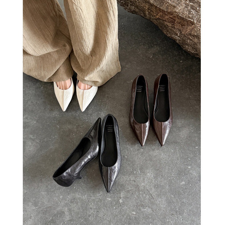 Genuine Leather Washed Sheepskin 5cm Kitten Heel High Heels, Pointed Toe, Shallow Mouth, French Style, Off-White Women's Shoes Genuine Leather Washed Sheepskin 5cm Kitten Heel High Heels, Pointed Toe, Shallow Mouth, French Style, Off-White Women's Shoes