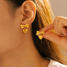 欧美新款爱心褶皱蝴蝶结微镶钻玻璃石耳钉简约气质不锈钢镀金耳饰