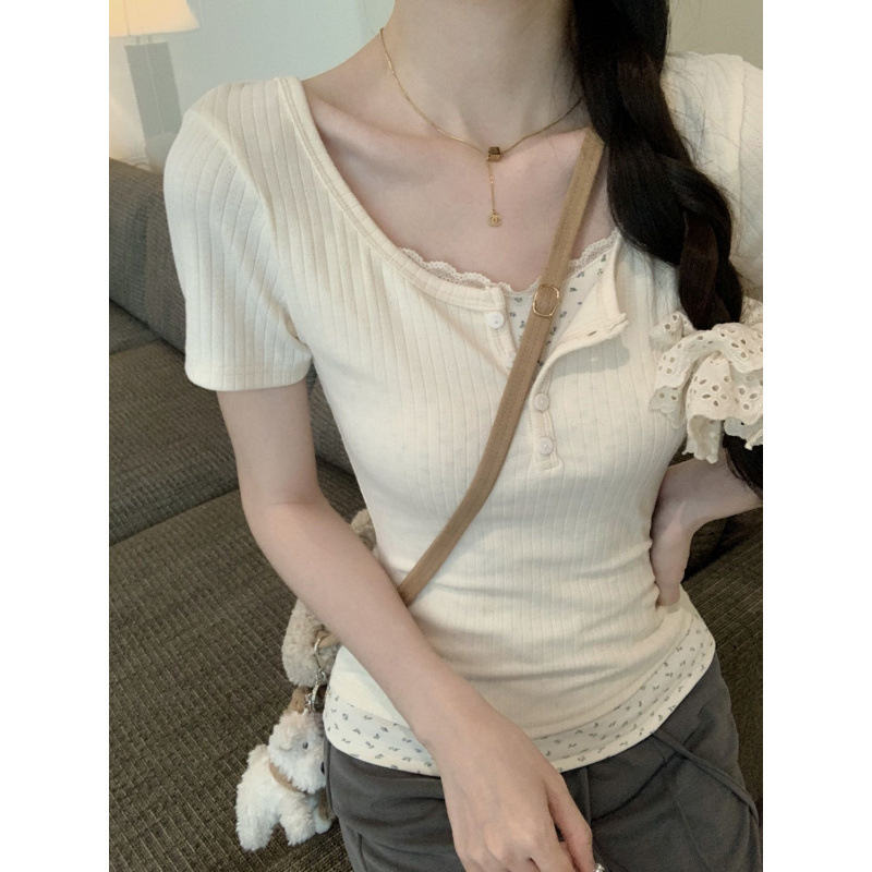 Pure Desire Xiaoxiangfeng フェイクツーピースレース長袖ボトムシャツ女性用春と秋のインナー bm 超見栄えの良いスリムショートトップ|undefined