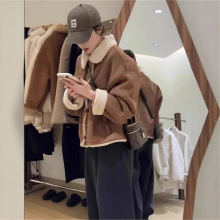 加棉羊羔毛皮毛一体外套女2024冬季新款复古宽松显瘦鹿皮绒上衣潮