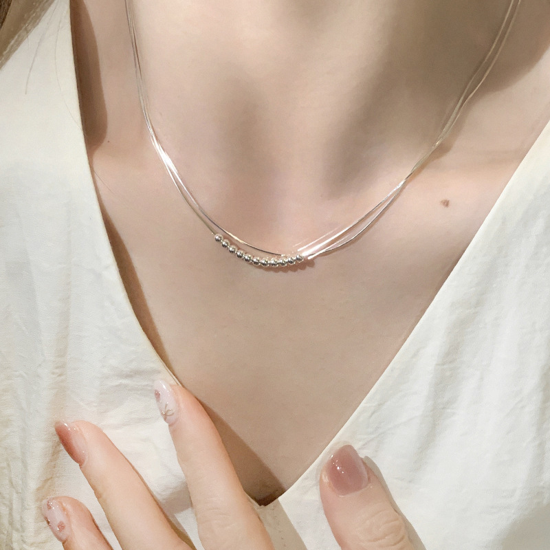 Korean Style Minimalist Double-layer Snake Bone Chain Round Bead Necklace Women's Fashionable Niche Simple All-match High-grade Necklace Chain