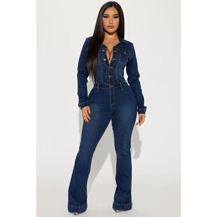 N 56587 Single Button Denim Jumpsuit ţ���B�wѝ �羳�W��