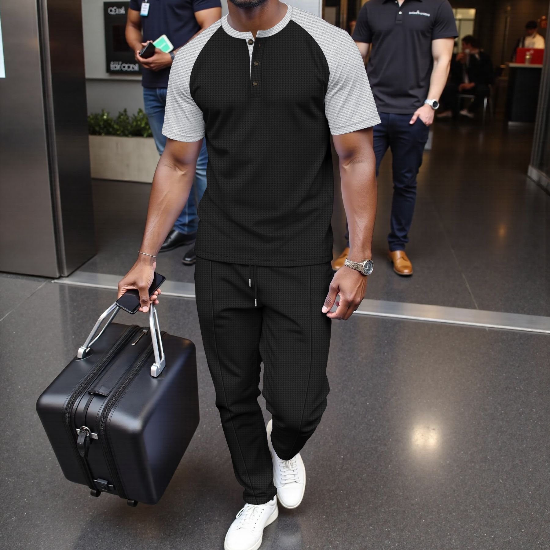 Men's Clothing Men's Summer Waffle Knit Crew Neck Color Block T-Shirt Short Sleeve Casual Outdoor Set For Formal & Casual_viptrois.com