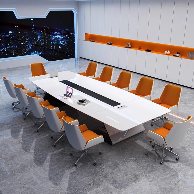 White painted conference table, large conference table, long table, stylish and simple modern office negotiation table and chair set