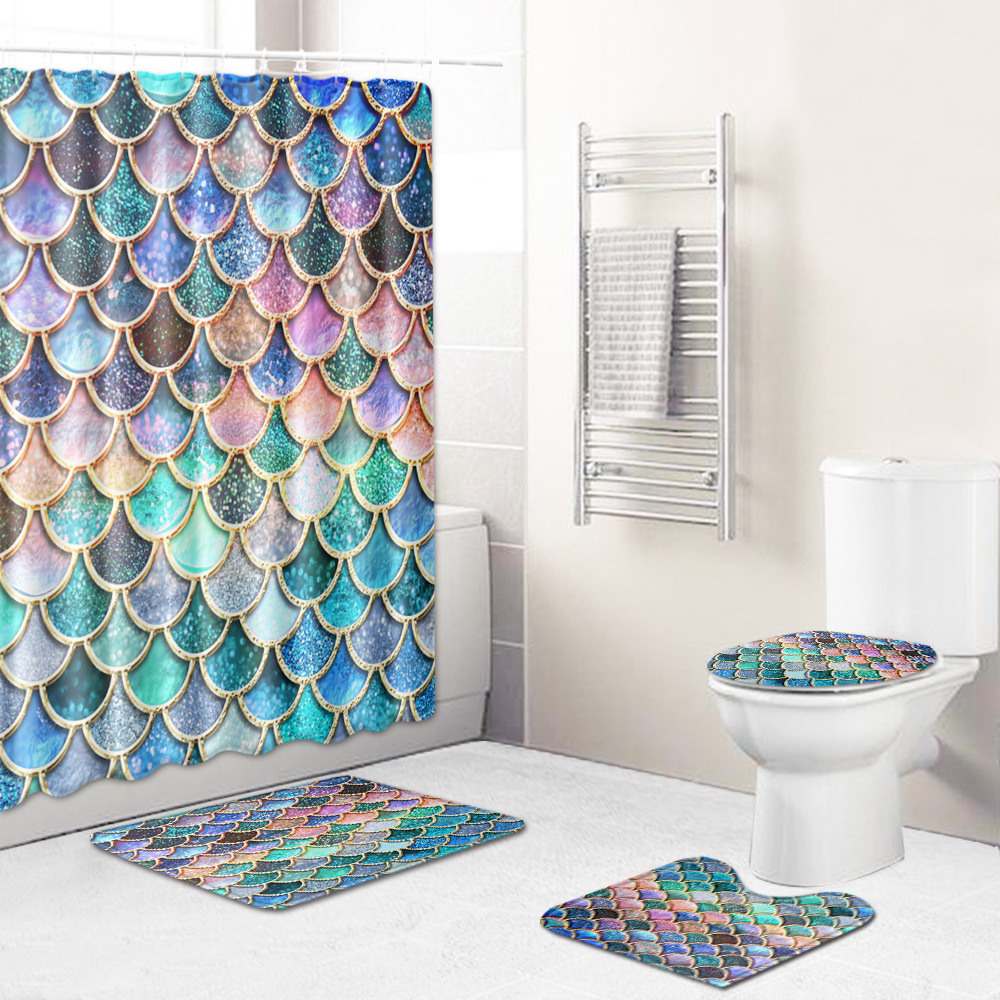 个性鱼鳞鱼纹家居地垫地毯浴帘卫生间四件套亚马逊货源一件代发