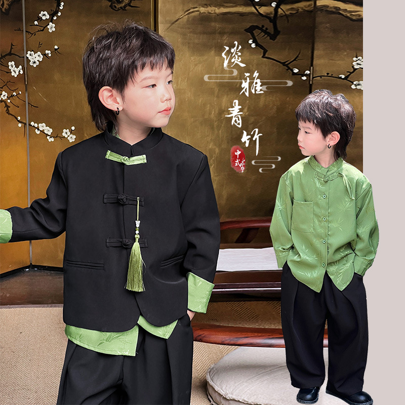 Children's New Chinese Style Jacket 2024 Spring New Boys and Girls Chinese Tangzhuang Baby Bamboo Leaf Ice Silk Shirt Trend