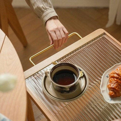 Nordic solid wood sofa side table, small apartment living room cherry wood glass tea table, Japanese style movable small cart with wheels