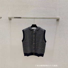 南油高定条纹连帽针织马甲女早秋藏青细条纹无袖开衫宽松叠穿背心