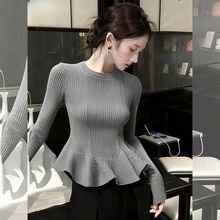 巨好看秋冬新款别致百搭荷叶边下摆设计感小众高端灰色针织衫毛衣