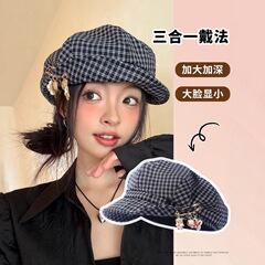 日系小衆格子ベレー帽子女子モデル2025新型百合文芸復古顔小雲八角帽子