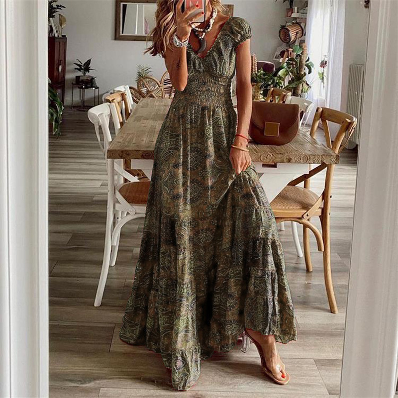 Women's Swing Dress Bohemian V Neck Patchwork Pleated Short Sleeve Printing Maxi Long Dress Travel display picture 6