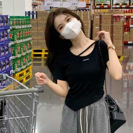 大码韩版不规则短袖t恤女夏季款胖mm遮肚修身显瘦正肩打底上衣ins