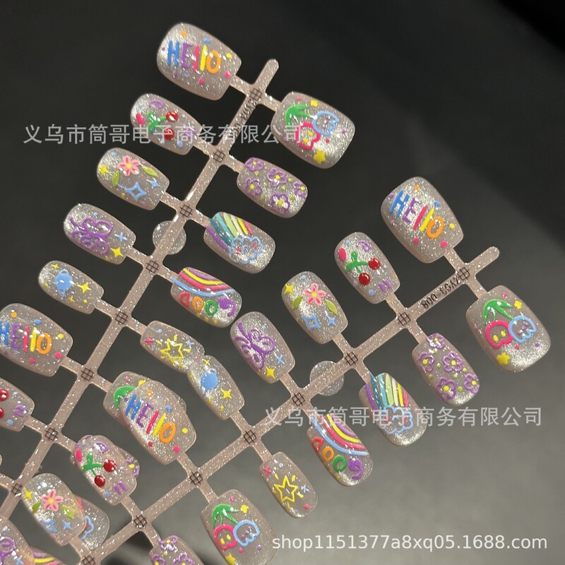 Tiktok New Style Rainbow Cute Cat Eye Wearable Nails Cute Fake Nails Finished Nail Pieces Wholesale Pre-Made Nails