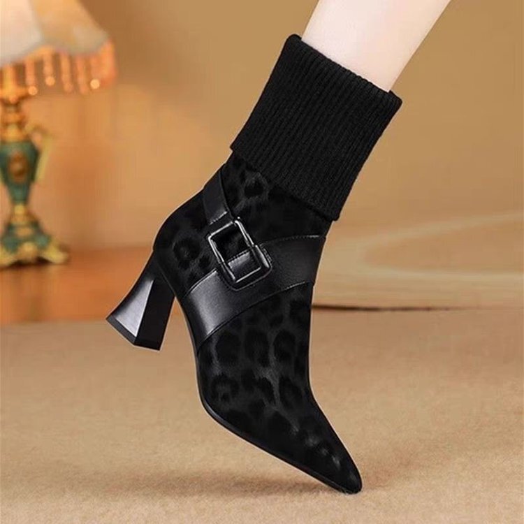 Stretch Soft Leather Boots Women's High-Heeled Woolen Short Boots 2025 New Autum Pointed Toe Boots Leopard Print Comfortable Women