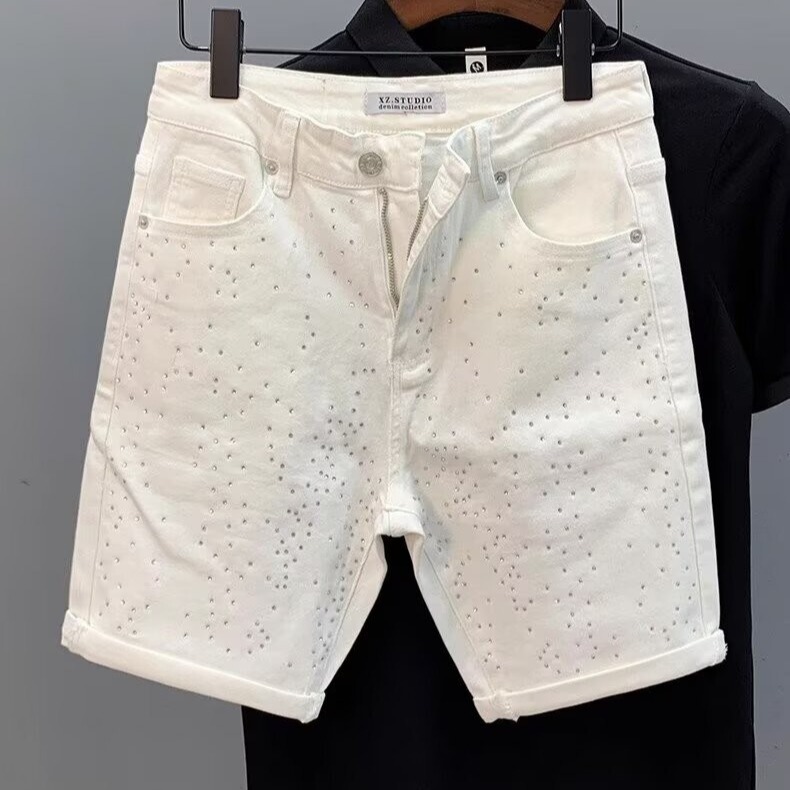 European Fashion Full Rhinestone Denim Shorts for Men, Summer New Trendy Brand High Street Casual Knee-Length Shorts