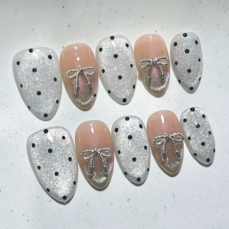 Cross-Border European and American Style Gray Gradient Metallic Bowknot Press-On Nails Miu Series Sweet Girl Chunky Pink Cat Eye Nail Stickers