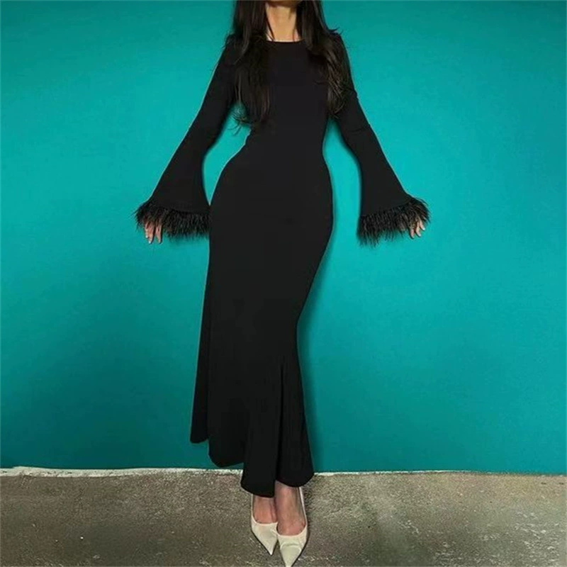 Осенне-зимнее Новое Европейское и американское трансграничное женское платье с перьями и манжетами, длинное платье, элегантное приталенное платье для похудения с талией