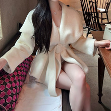 ZHOYUE仿水貂绒大翻领白色毛呢外套女短款收腰呢子大衣含腰带名媛