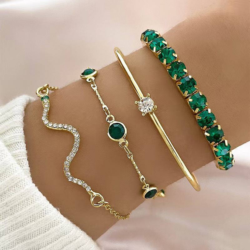 Fashionable Retro High-End Style Inlaid with Emerald Green Rhinestones Small Snake Bracelet Set, Cross-Border Hot-Selling Alloy Bracelet Set Fashionable Retro High-End Style Inlaid with Emerald Green Rhinestones Small Snake Bracelet Set, Cross-Border Hot-Selling Alloy Bracelet Set