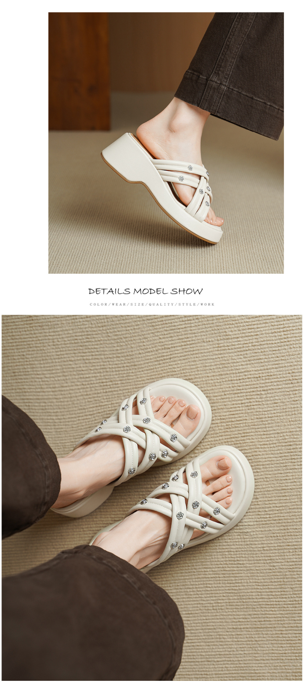 Dép sandal nữ quai chéo hở ngón đế dày phong cách nghỉ dưỡng — màu trắng ngà chi tiết 9