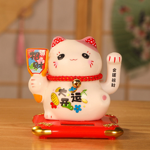 Lucky Cat Small Waving Hand Ceramic Solar Powered Waving Feng Shui Cat Creative Textured Car Ornament Gift