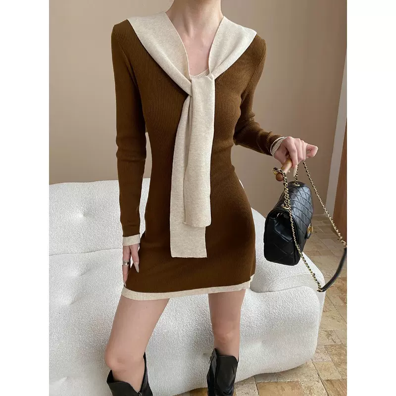 司南 时髦精挚爱 法式气质撞色假两件披肩V领针织连衣裙 SN8001