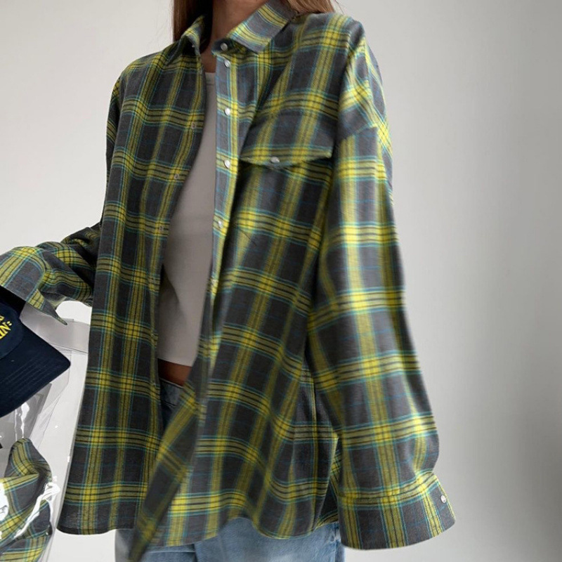 Amazon Cross-Border Retro Style Versatile Lapel Loose Shirt 2025 Autum Plaid Long-Sleeved Flap Pocket Pants Women's Shirt