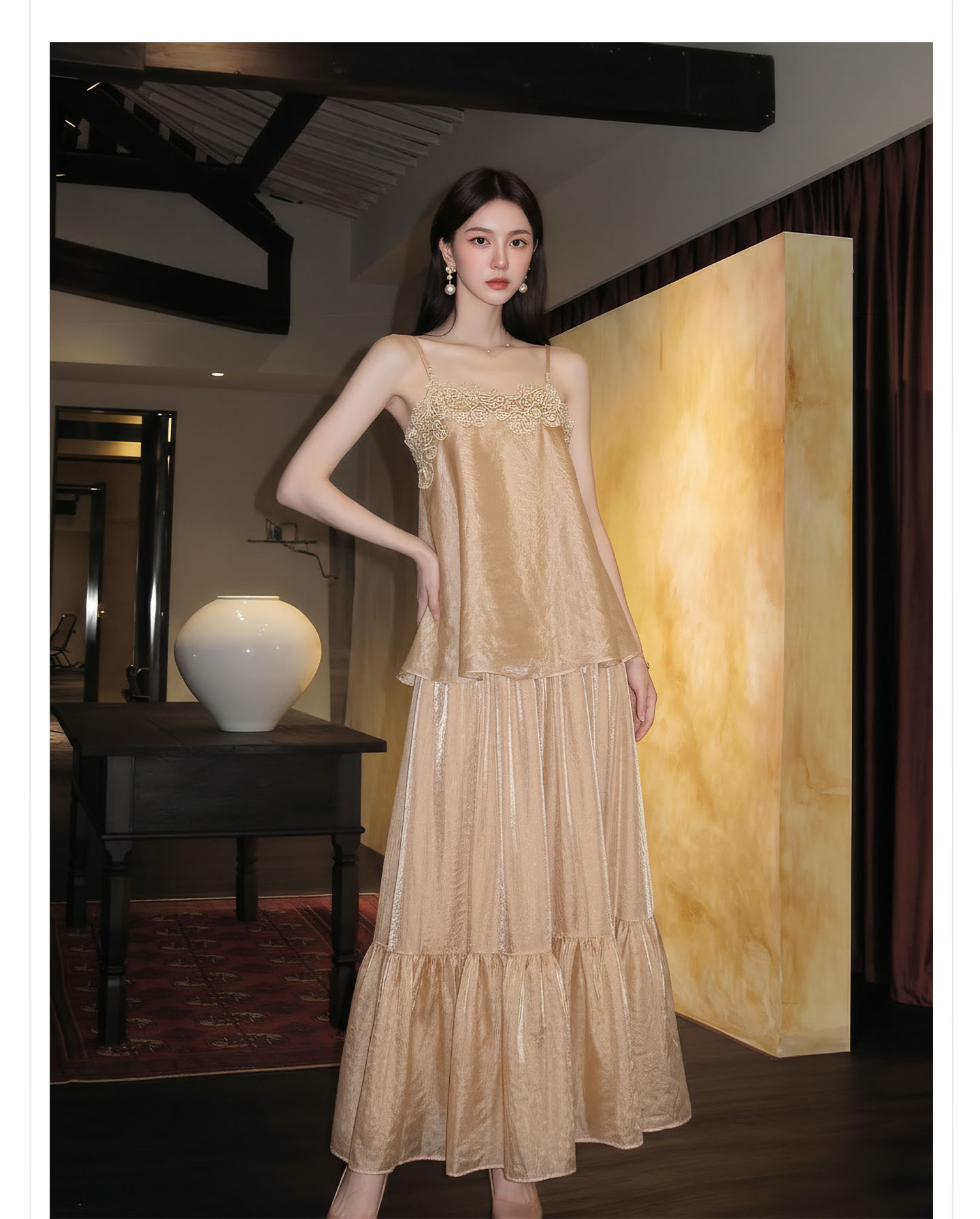 Bộ váy đầm maxi nữ thắt eo phong cách tân cổ điển Trung Hoa sang trọng — nửa váy, Trang chủ chi tiết 10