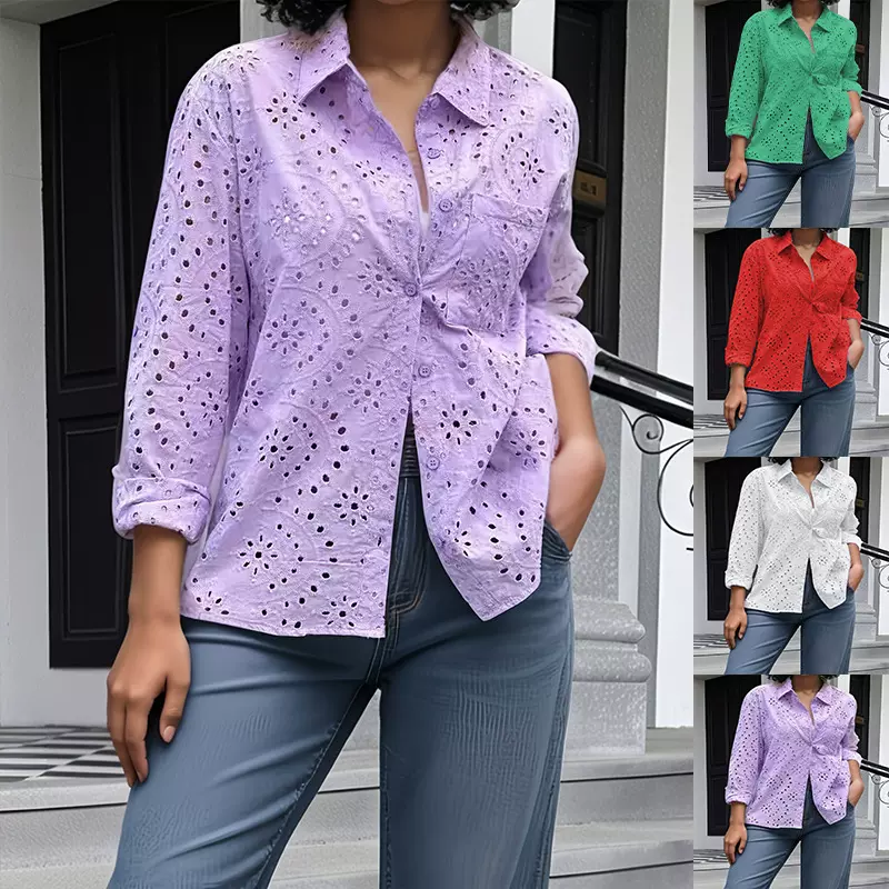 欧美跨境女装2025春夏新款衬衫领宽松刺绣镂空大码衬衫上衣女