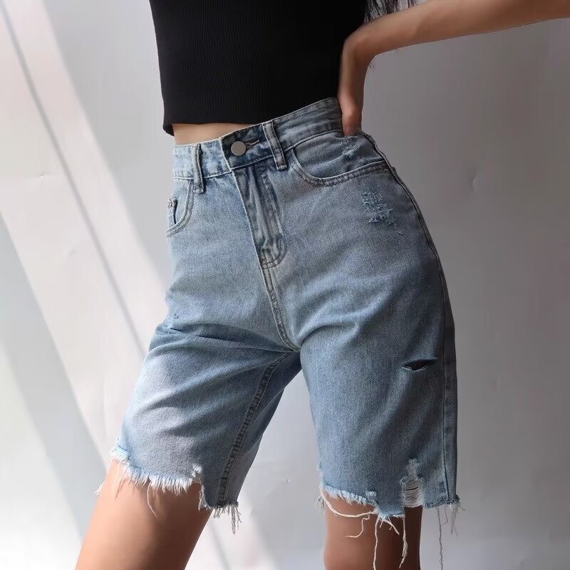 American Style High Waist Slimming Five-point Jeans Women's Summer New Cycling Pants Retro Slimming Straight Shorts