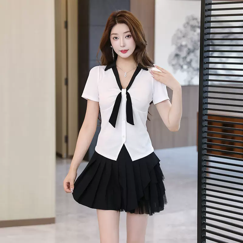 JK套装学院风百褶裙spa养生按摩足浴技师工作服夜场性感连衣裙女