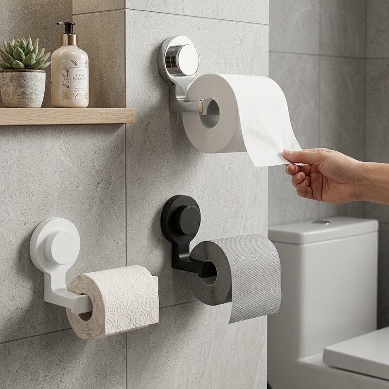 Suction Cup Roll Paper Holder, Cloth and Plastic Wrap Storage Rack, Vacuum Adsorption, No-Drill Bathroom Paper Towel Holder, Vacuum